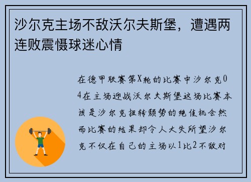 沙尔克主场不敌沃尔夫斯堡，遭遇两连败震慑球迷心情