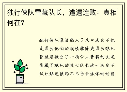 独行侠队雪藏队长，遭遇连败：真相何在？